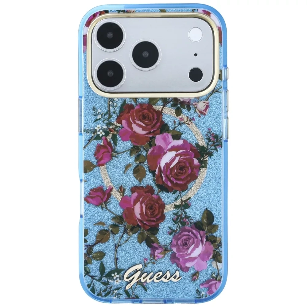 Накладка Guess для iPhone 18 Pro / 17 Pro IML Glitter Flowers Roses Metal Logo&Cam Hard (MagSafe), Light Blue (GUHMP18L6HTBGSLB). Фото 2