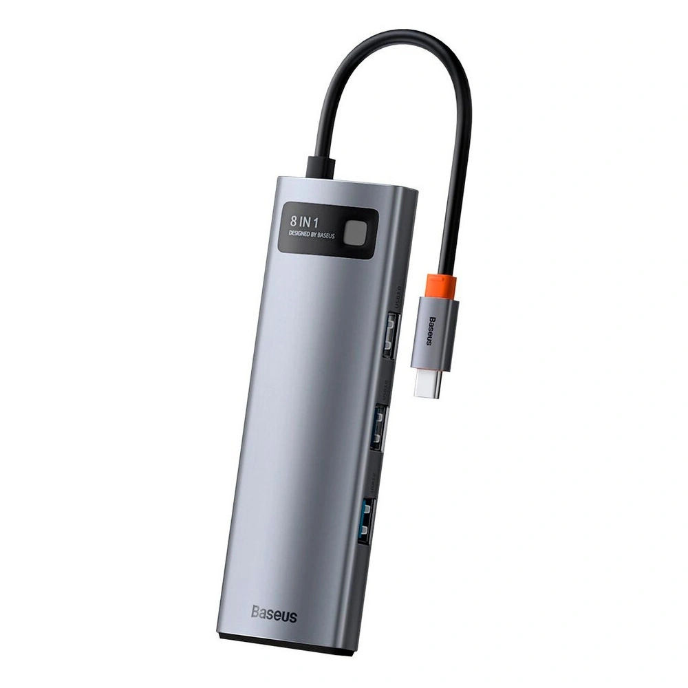 Хаб Baseus Metal Gleam Series 8-in-1 Multifunctional Type-C HUB Docking Station USB3.0x3, PD 100W, HDMI 4K, RJ45, SD, TF, серый (CAHUB-CV0G). Фото 4