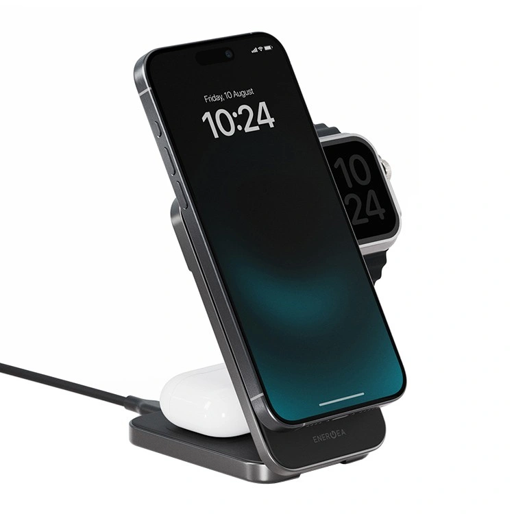 Беспроводное зарядное устройство EnergEA Bazic GoMag Trio PLUS 3in1 magnetic wireless foldable charger Qi2 22.5W, Gunmetal (MAG-TRIOPLUS-GUN). Фото 3