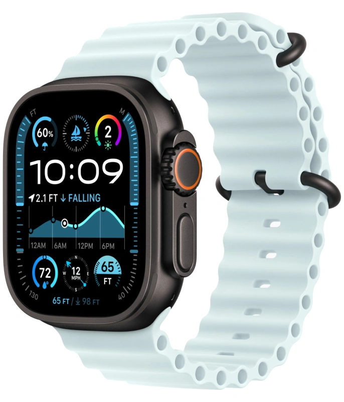 Apple Watch Ultra 2 (2024) GPS+Cellular 49mm, Black Titanium ремешок "Ice Blue Ocean Band" один размер 130-200 mm (MYTC3). Фото 1