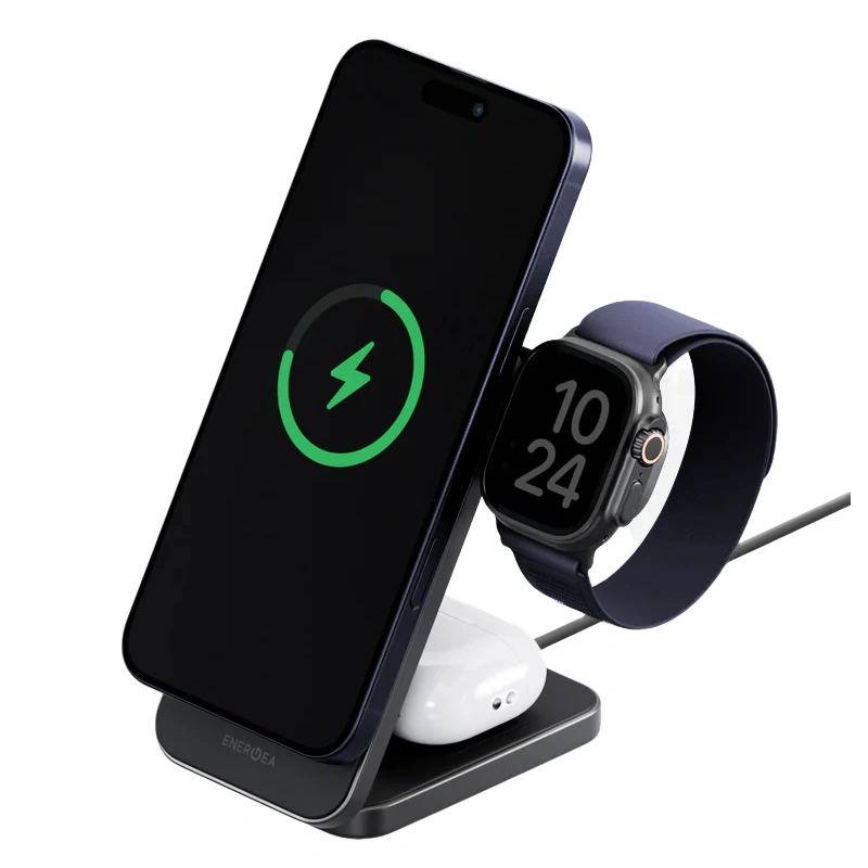 Беспроводная зарядная станция EnergEA MagTrio 2 Qi2 25W certified 3-In-1 Wireless Charging Stand, Grey (MAG-TRIO2-GUN). Фото 1