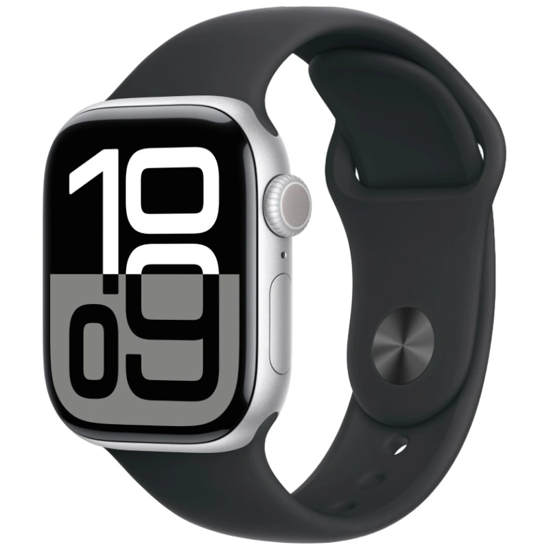 Apple Watch Series 10, 42 мм, серебристый алюминий, спортивный ремешок цвета "Black", M/L (MWWW3). Фото 1
