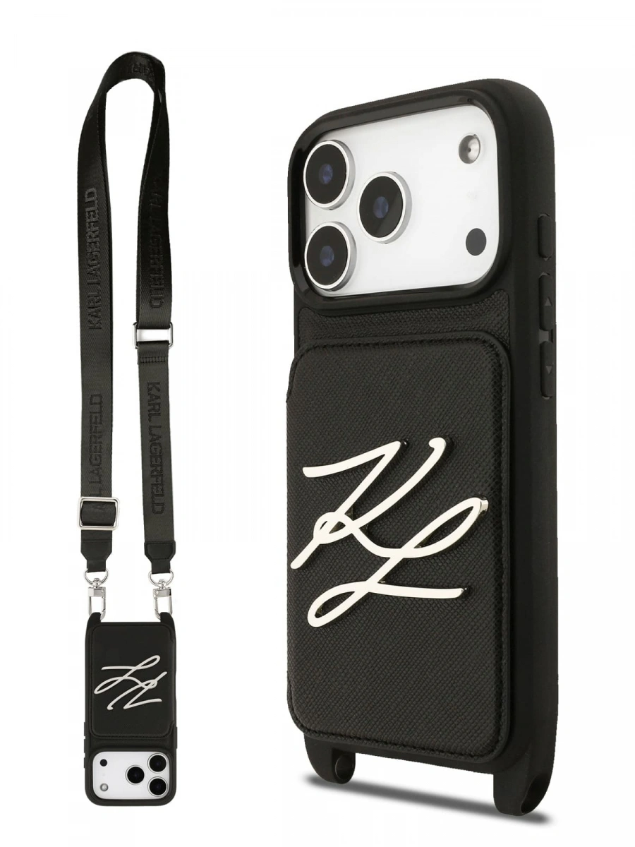 Накладка Lagerfeld для iPhone 17 Pro Max Crossbody cardslot PU Saffiano Autograph Hard, Чёрная (KLHCP17XSAKLCK). Фото 1