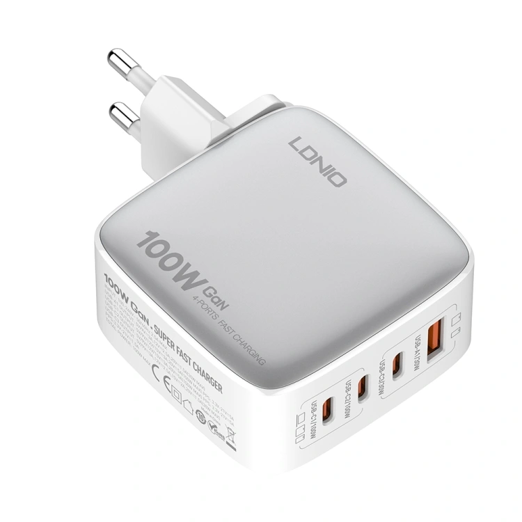 Сетевое зарядное устройство LDNIO Q408 100W GaN Supper Fast Charger, US/UK/EU Plug, 1xUSB-A + 3xUSB-C, Белое. Фото 5