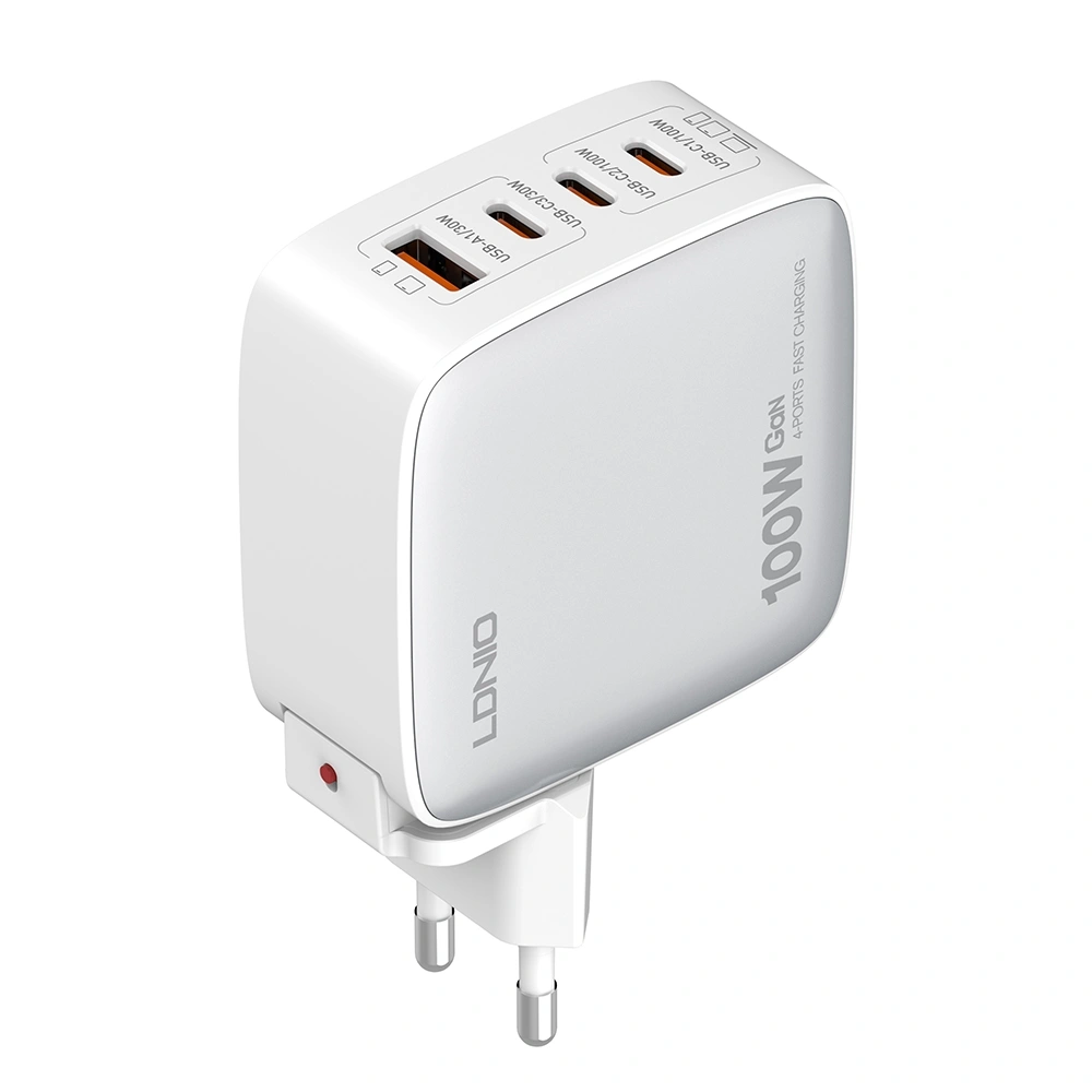 Сетевое зарядное устройство LDNIO Q408 100W GaN Supper Fast Charger, US/UK/EU Plug, 1xUSB-A + 3xUSB-C, Белое. Фото 2