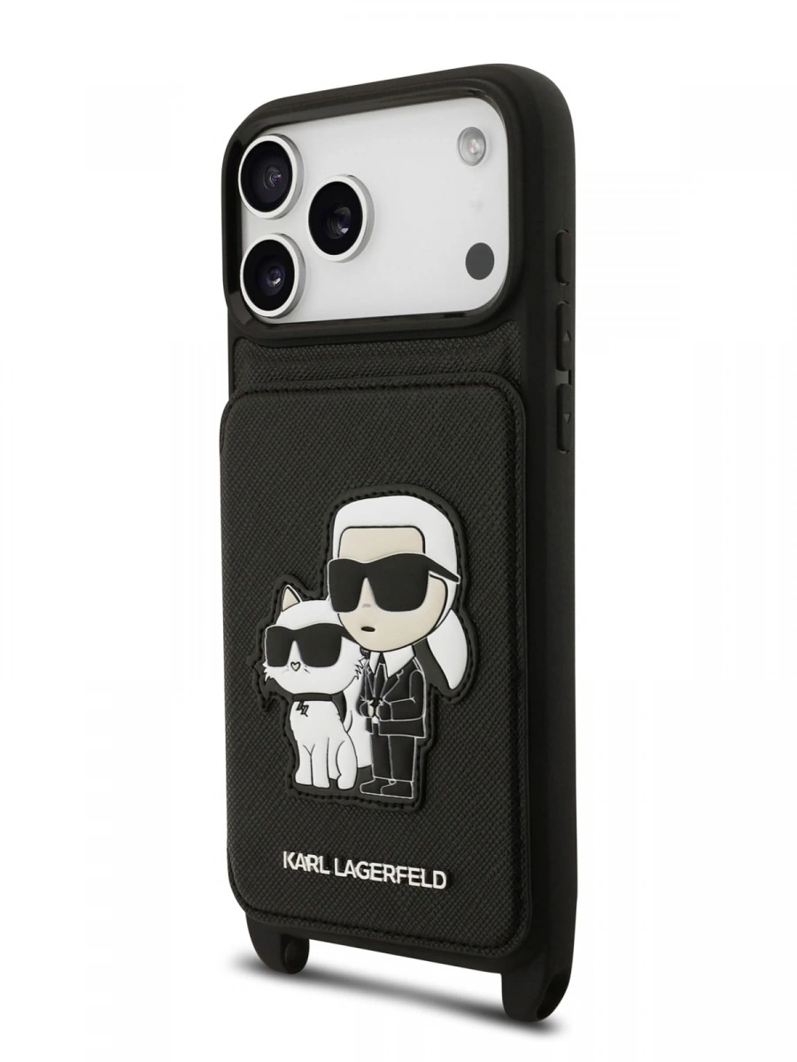 Накладка Lagerfeld для iPhone 17 Pro Max Crossbody cardslot PU Saffiano NFT Karl&Choupette Hard, Чёрная (KLHCP17XCSAKCPMK). Фото 2
