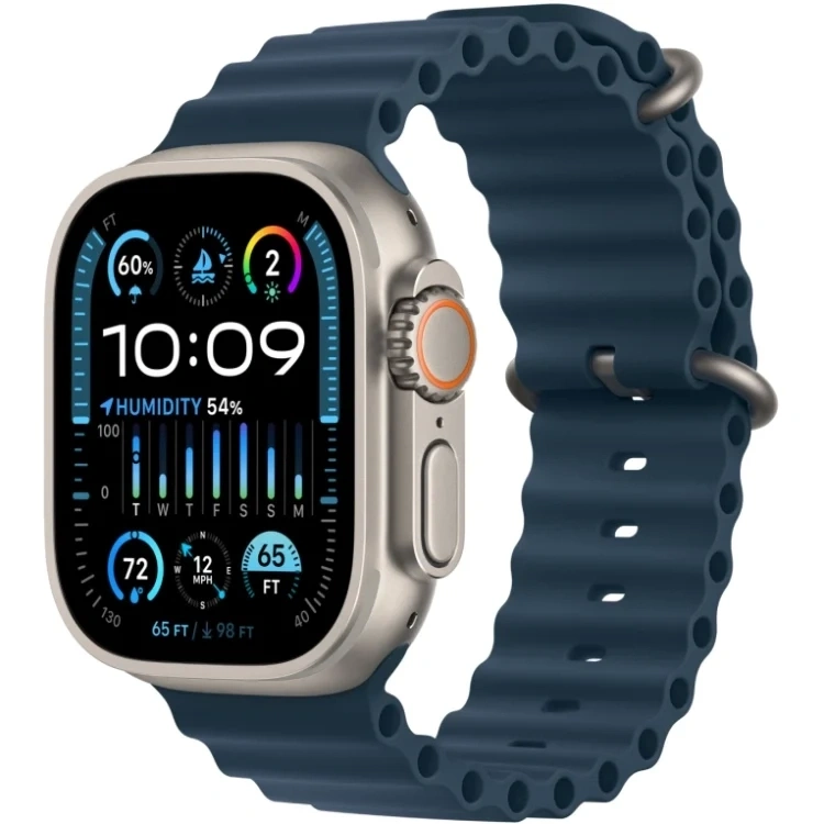 Apple Watch Ultra 2 GPS+Cellular 49mm, Natural Titanium, Navy Ocean Band, One Size 130–200mm (MX4D3). Фото 1