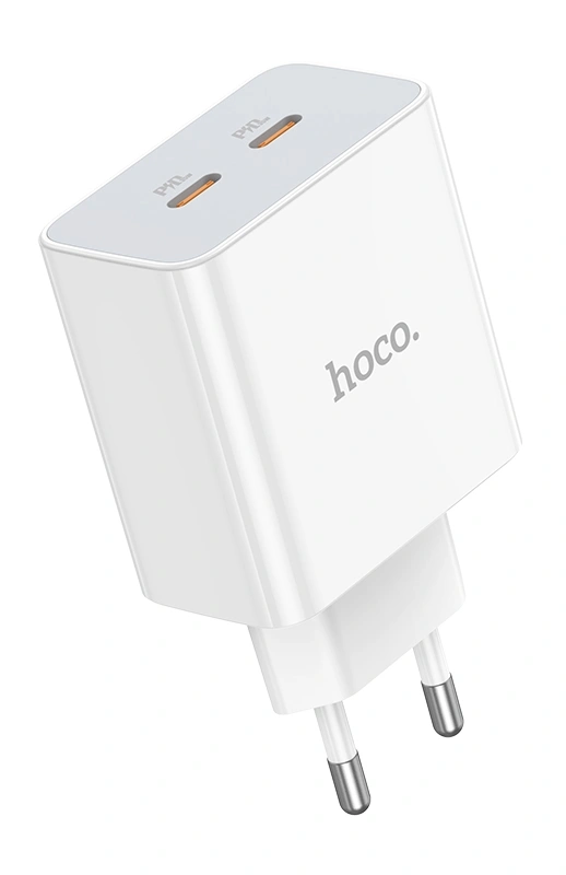 Сетевое зарядное устройство Hoco C108A Leader 2xUSB-C, 3А, PD35W + USB-C кабель Lightning 8-pin, 1 м, Белый. Фото 1