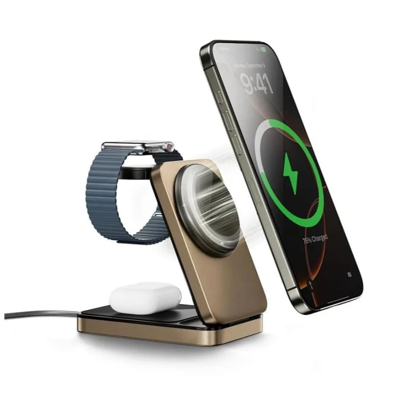 Беспроводная зарядная станция Wiwu Triple 3in1 Wireless Charger 15W Wi-W038, Gold. Фото 1