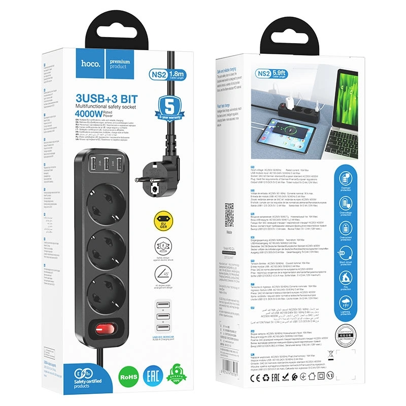 Сетевой фильтр Hoco NS2 3 USB + 3 Bit 1.8м, Чёрный. Фото 3