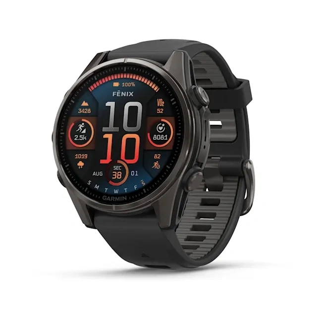 Умные часы Garmin Fenix 8 43mm, Amoled, Sapphire, Carbon Gray DLC Titanium with Black/Pebble Gray Silicone Band (010-02903-28). Фото 1