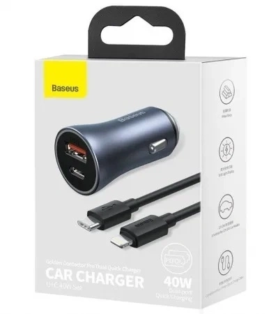 Автомобильное зарядное устройство Baseus Golden Contactor Pro Dual Quick Charger Car Charger U+C 40W (TZCCJD-B0G) With Baseus Simple Wisdom Data Cable Type-C to iP 1m, Тёмно-серое. Фото 6