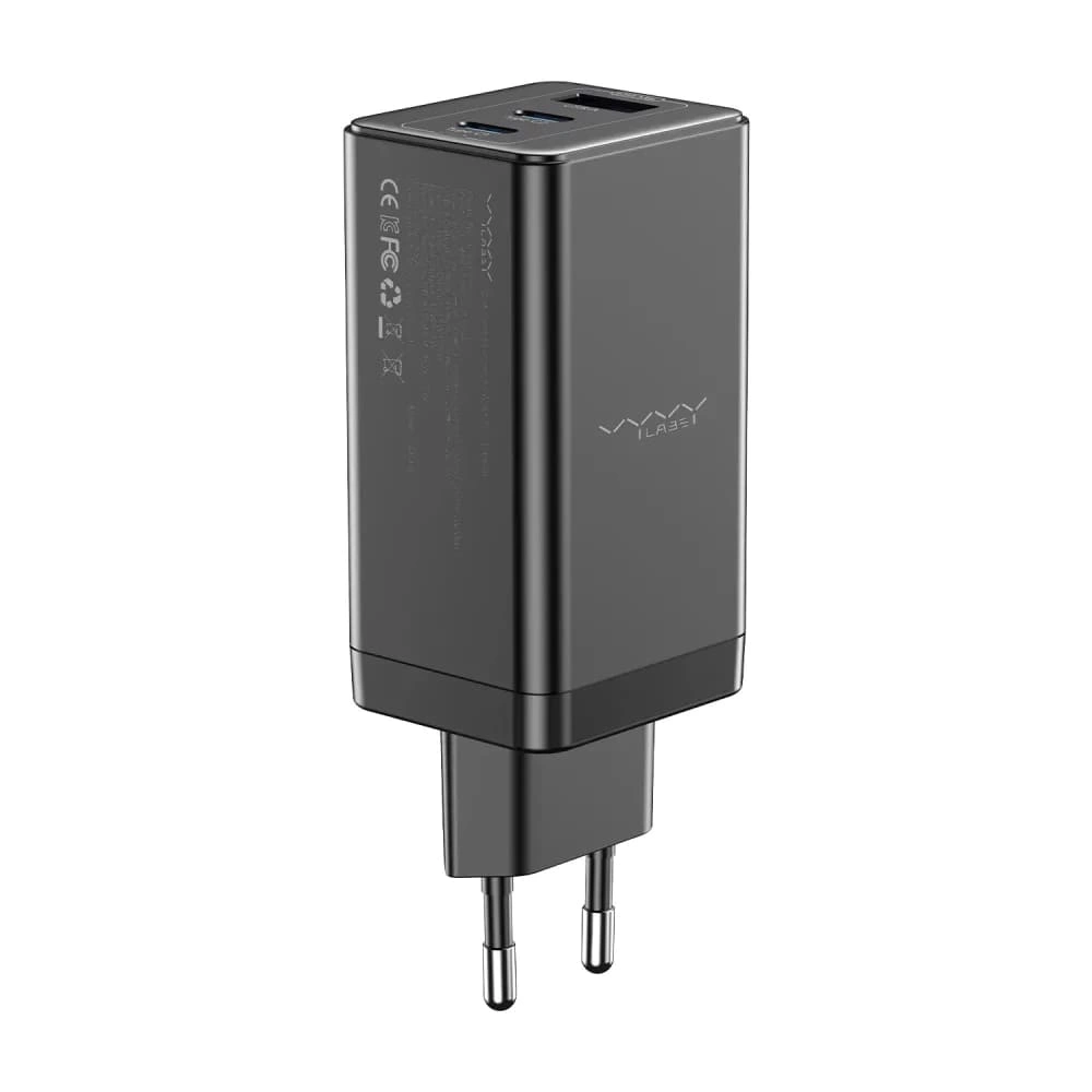 Сетевое зарядное устройство Vyvylabs Gan Fast Charger 65W A+2C, Чёрное (GAN65EU-WH). Фото 2