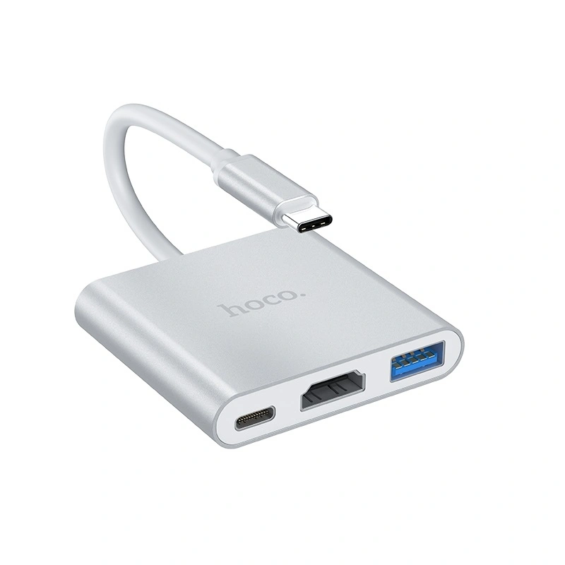 Переходник-хаб Hoco HB14 Easy use Type-C adapter (Type-C to USB3.0+HDMI+PD), Серебро. Фото 1