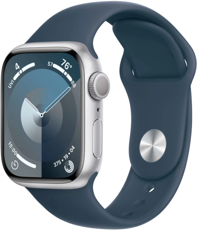 Apple Watch Series 9, 45 мм, серебристый алюминий, спортивный ремешок "грозовой синий", размер M/L (MR9E3)