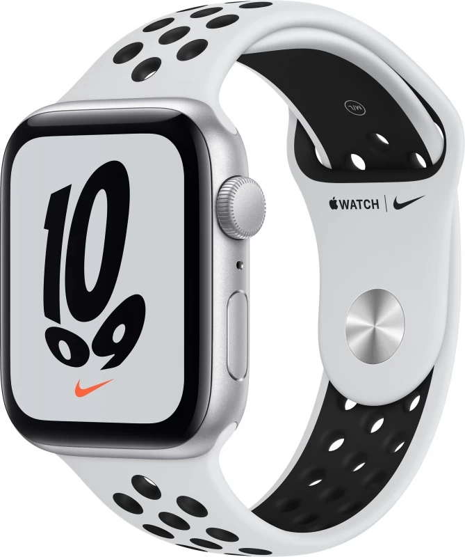 Apple Watch SE (2021), 44 мм, серебристый алюминий, спортивный ремешок Nike черного цвета (MKQ73)