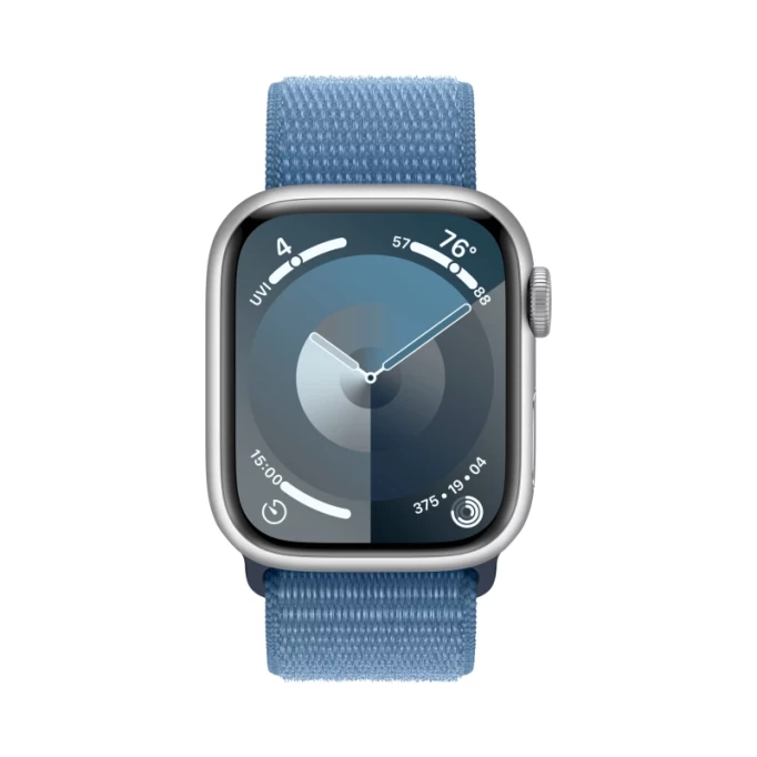 Apple Watch Series 9, 41 мм, серебристый алюминий, спортивный ремешок "ледяной синий" (MR923)