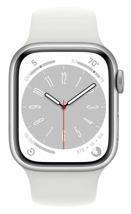 Apple Watch Series 8, 41 mm, серебристый алюминий, белый спортивный ремешок, размер S/M (MP6K3)
