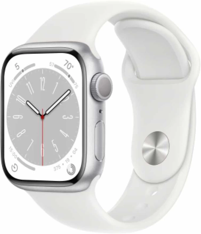 Apple Watch Series 8, 41 mm, серебристый алюминий, белый спортивный ремешок (MP4A3)
