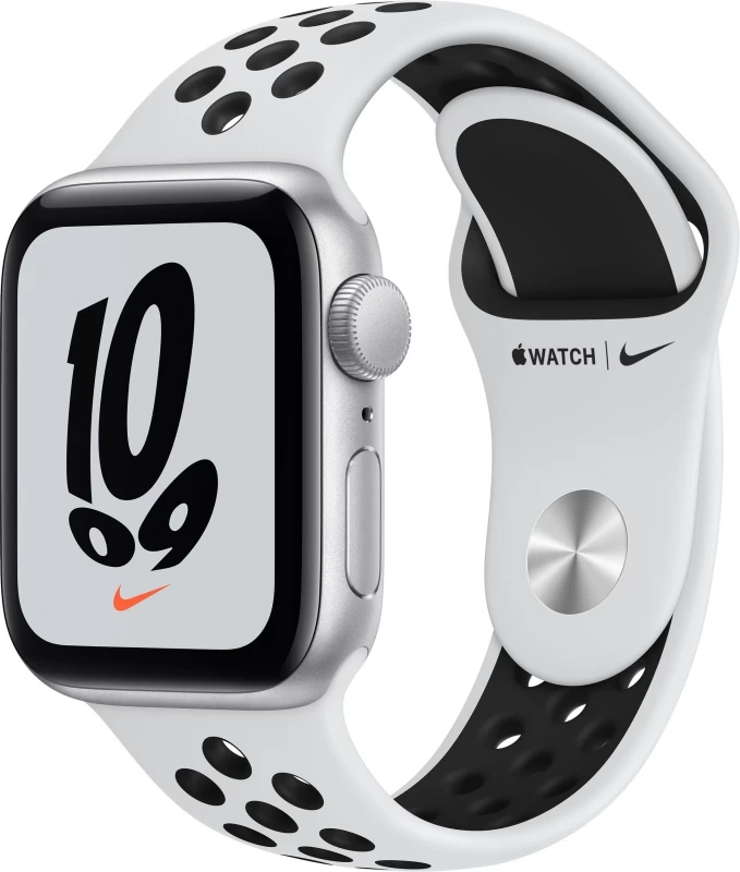 Apple Watch SE 2021, 40 мм, серебристый алюминий, спортивный ремешок Nike "чистая платина/чёрный" (MKQ23)