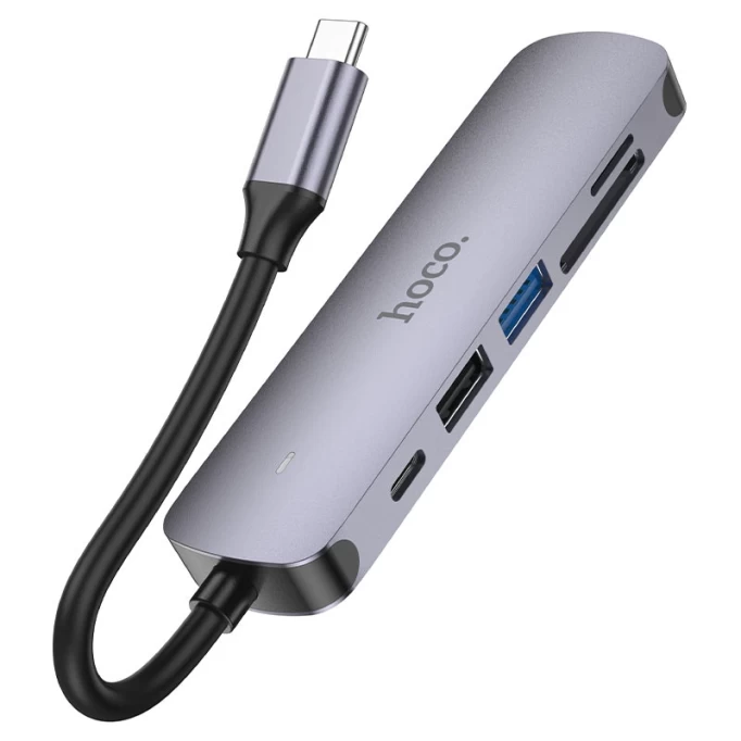 Хаб Hoco HB28 6 в 1 USB 2.0, 1 USB 3.0, Type-C, Card Reader SD, Micro SD, HDMI, Серый