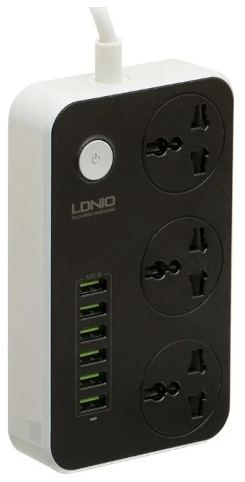 Сетевой удлинитель LDNIO Power Strip (2 м, 3 розетки, 6 USB), Чёрный (SC3604)