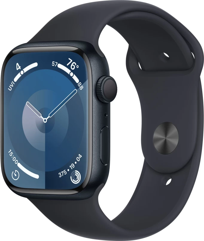 Apple Watch Series 9, 45 мм, алюминий цвета "тёмная ночь", спортивный ремешок "тёмная ночь", размер S/M (MR993)