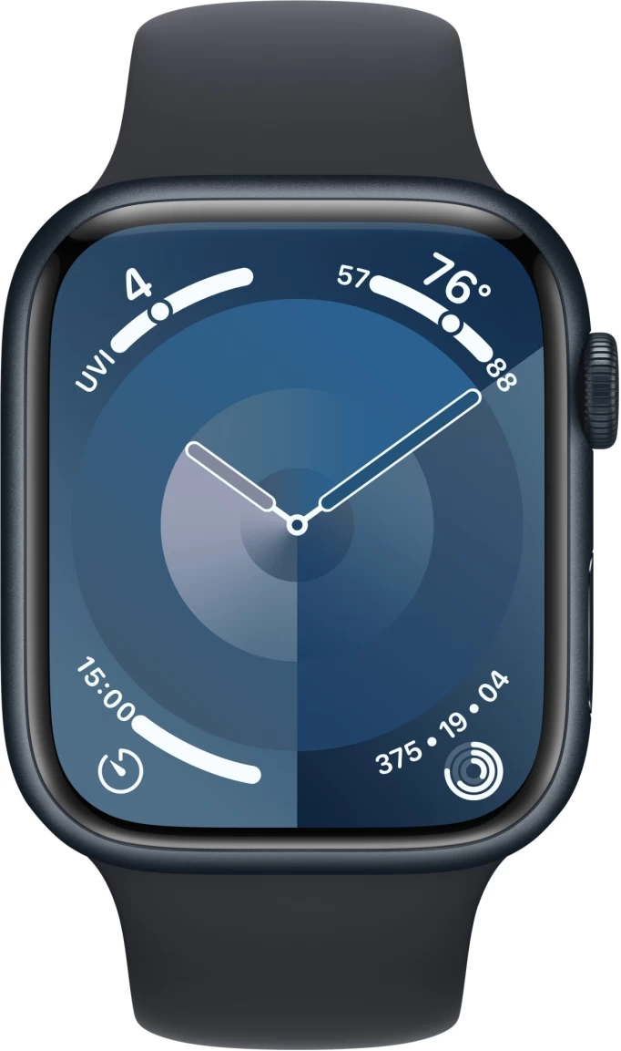 Apple Watch Series 9, 45 мм, алюминий цвета "тёмная ночь", спортивный ремешок "тёмная ночь", размер M/L (MR9A3)